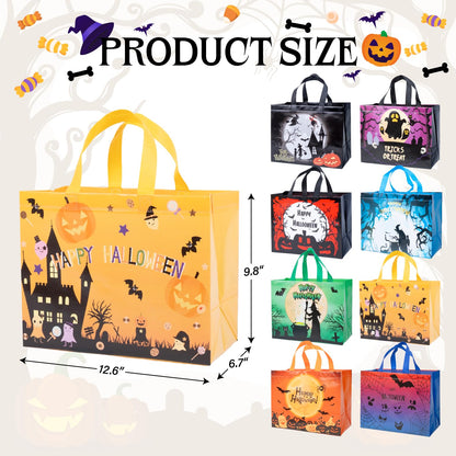 XiaosRen 16Pcs Multifunctional Non-Woven Tote Bags with Handles, Large Reusable Happy Halloween Bags for Gifts, Party Supplies, 12.6x10x6.7