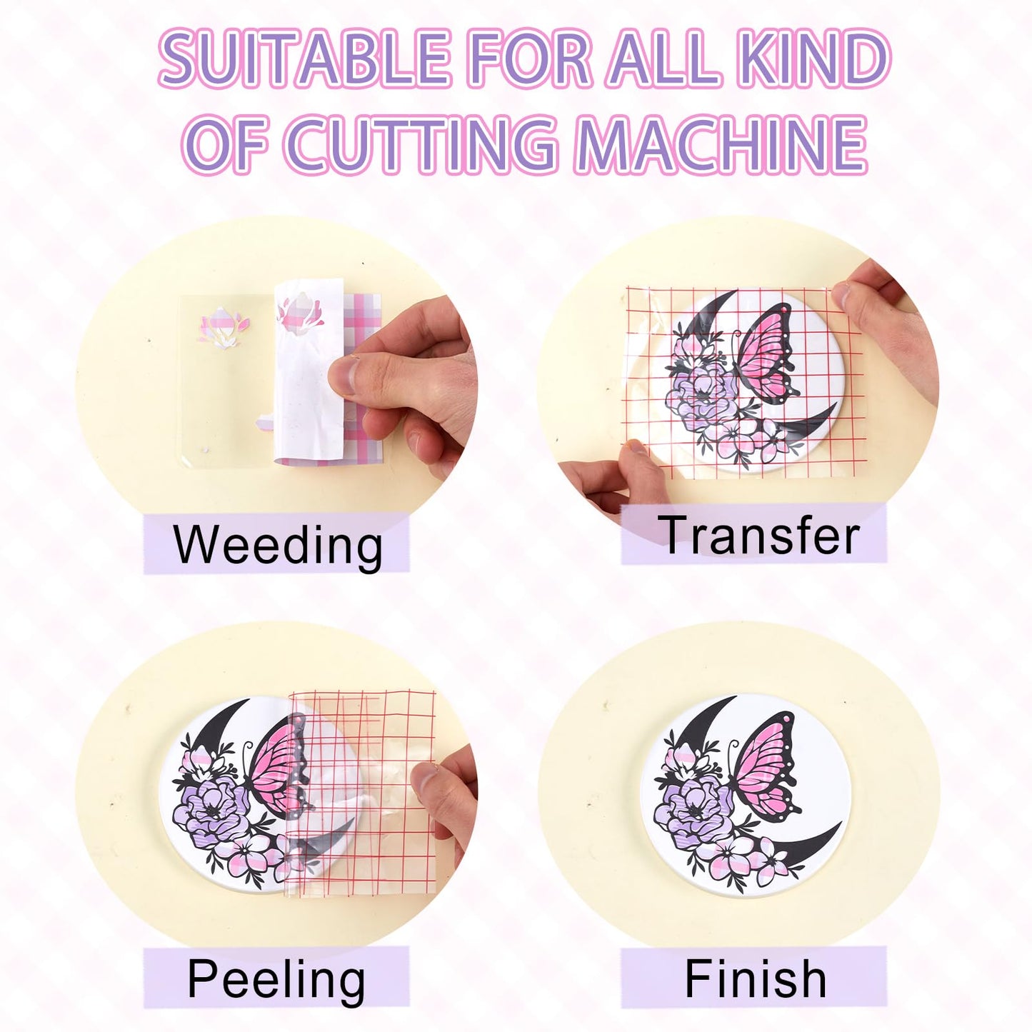 Tintnut Plaid Permanent Adhesive Vinyl - 12 Sheets 12''x10'' Pink Purple Plaid Pattern Vinyl for Cutting Machines, Waterproof Vinyl for DIY Crafts & Personalized Gifts