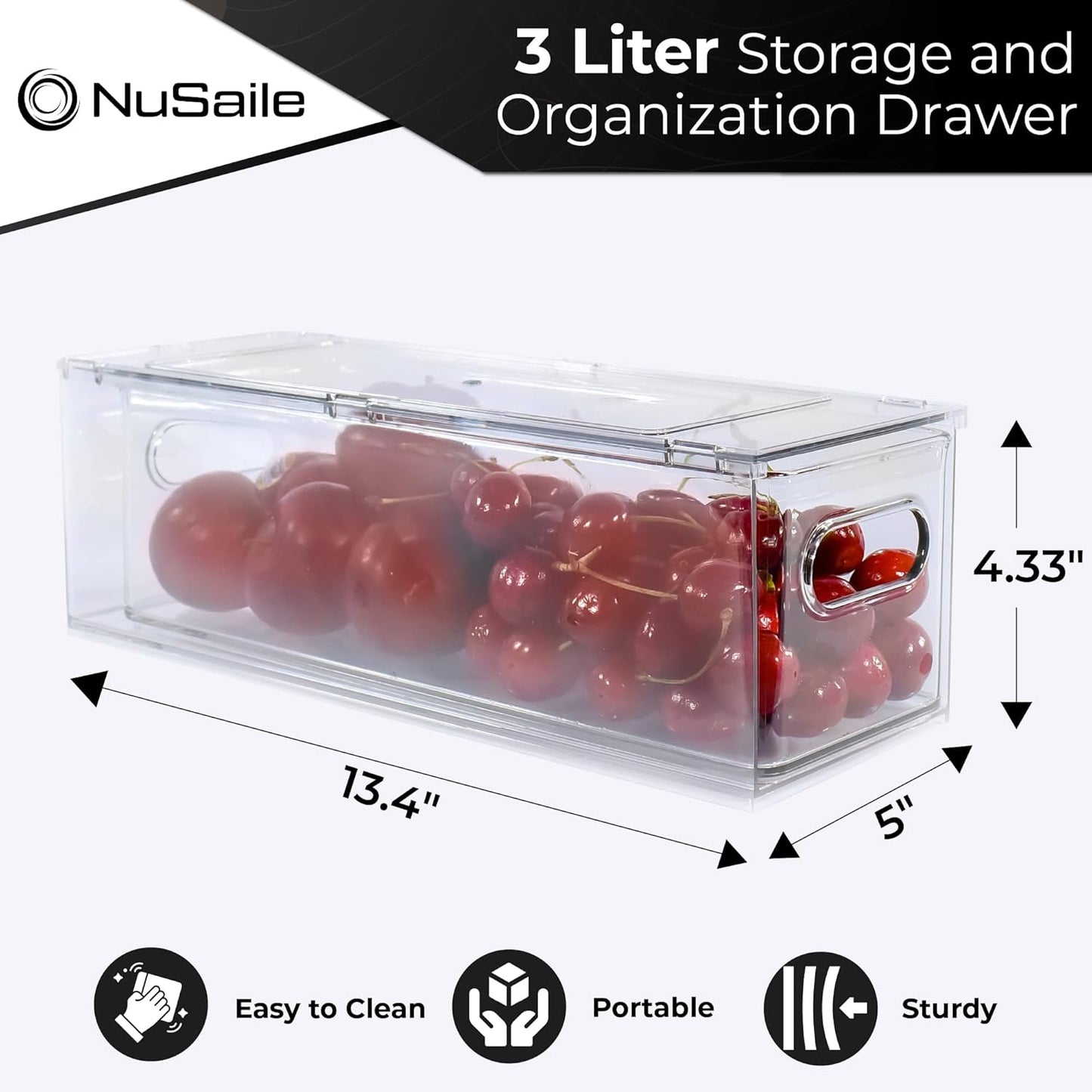 Stackable Refrigerator Organizer Bins - Pull Out Drawers with Handles for Vegetable and Fruit Storage, 3 Liter Plastic