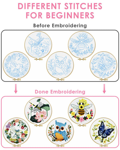 TINDTOP 5 Sets Embroidery Kit for Beginners Adult, Embroidery Kit for Beginners Include Embroidery Cloth Hoops Threads for Craft Lover Hand Stitch with Embroidery Skill Techniques