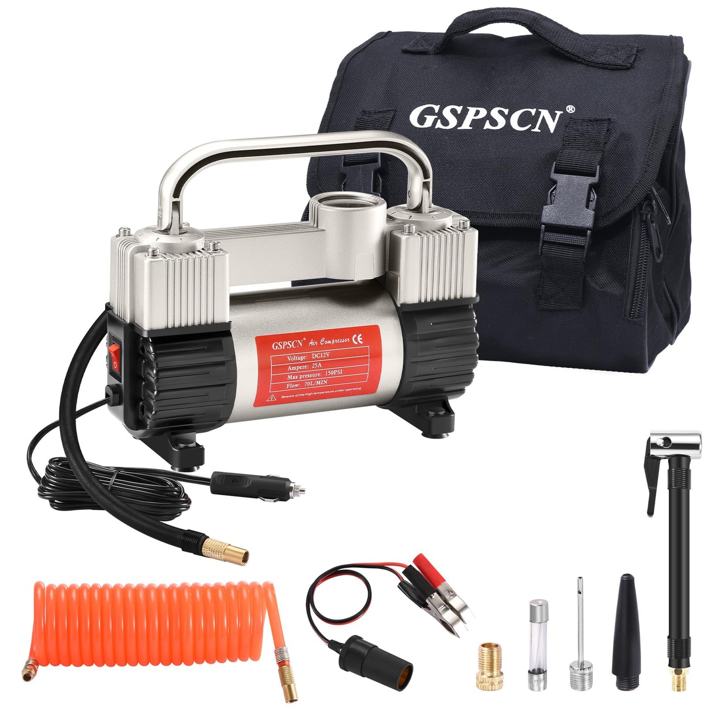 GSPSCN Silver Tire Inflator Heavy Duty Double Cylinders with Portable Bag- Car Accessories，Metal 12V Air Compressor Pump 150PSI with Adapter for Car, Truck, SUV Tires, Dinghy, Air Bed etc