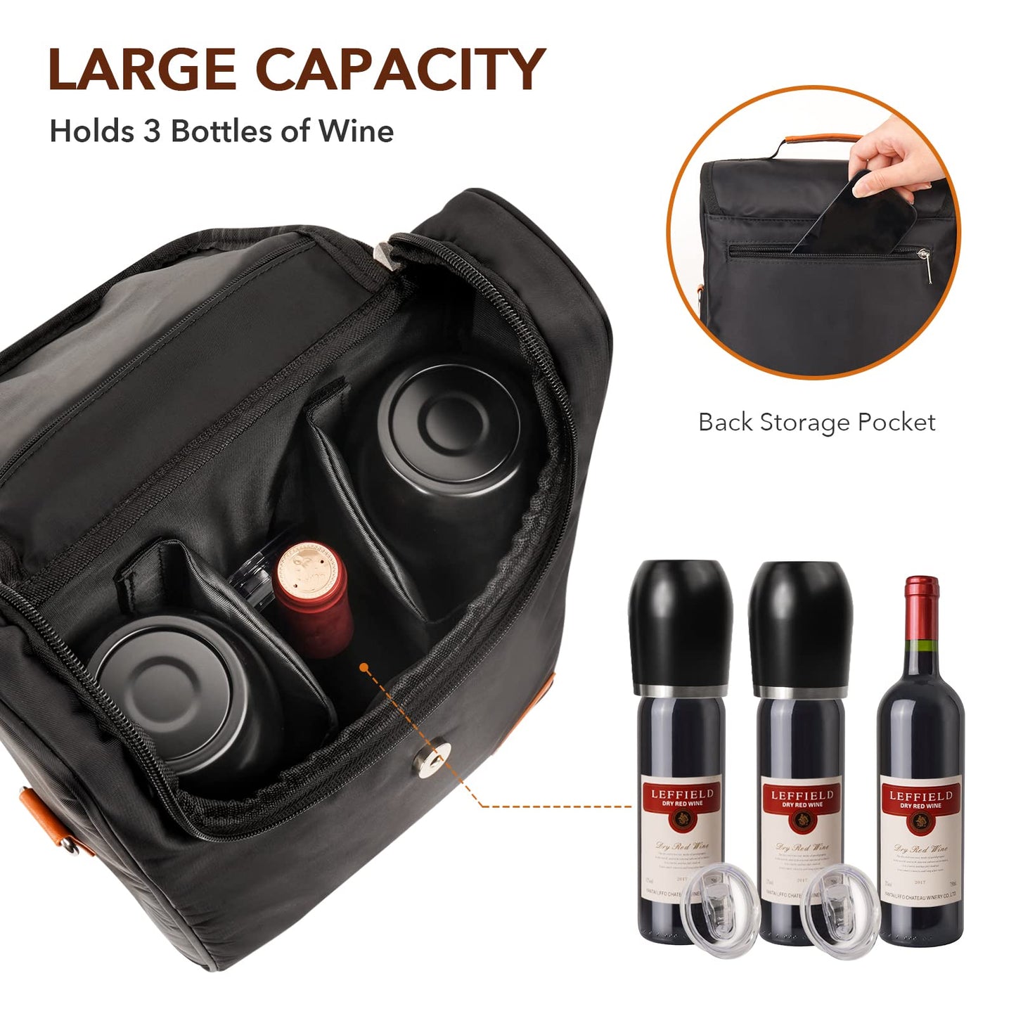 Philiva 3 Bottle Wine Tote Bag with Tumblers and Opener, Portable Wine Carrier Purse for Travel/Picnic/Beach/Pool/Events/Hiking, Gift for Women Men, Black