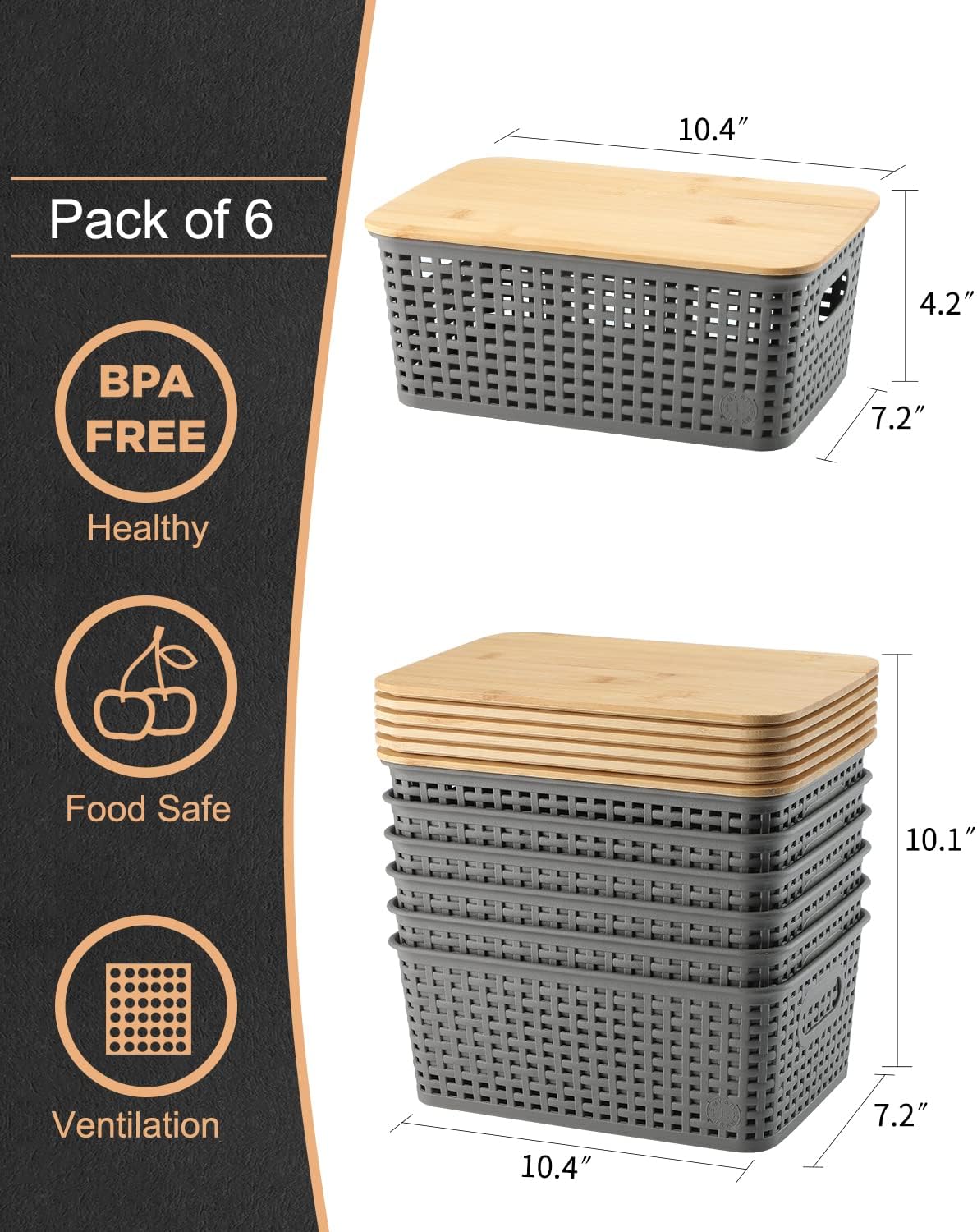 Storage Bins with Bamboo Lids - Set of 6 Lidded Plastic Baskets for Organizing Kitchen, Bedroom, Office, Closet