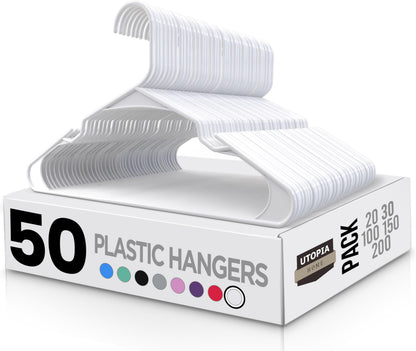Utopia Home - Plastic Hangers 50 Pack - Space Saving Clothes Hanger - Durable and Strong Closet Organizers and Storage Makes It Ideal Apartment or Dorm Room Essentials for Girls or Guys (White)