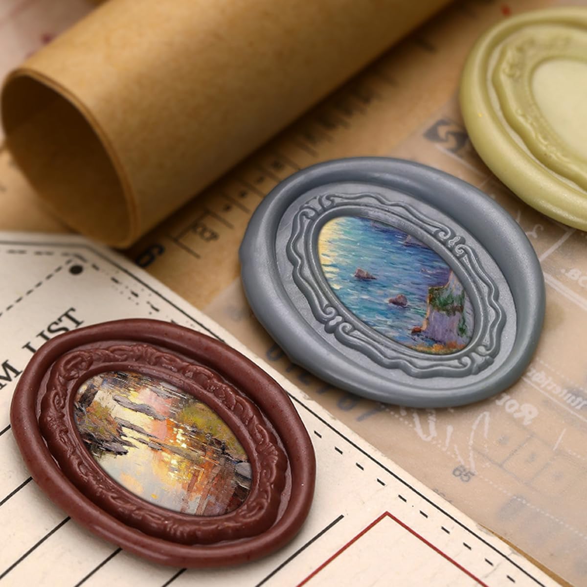 VSECUON 6pcs 3D Embossed Frame Wax Seal Stamp,Removable Brass Heads with 6 Wooden Handle,3D Relief Photo Frame Sealing Wax Stamp for Wedding Invitations Scrapbooking Letters Gift Christmas