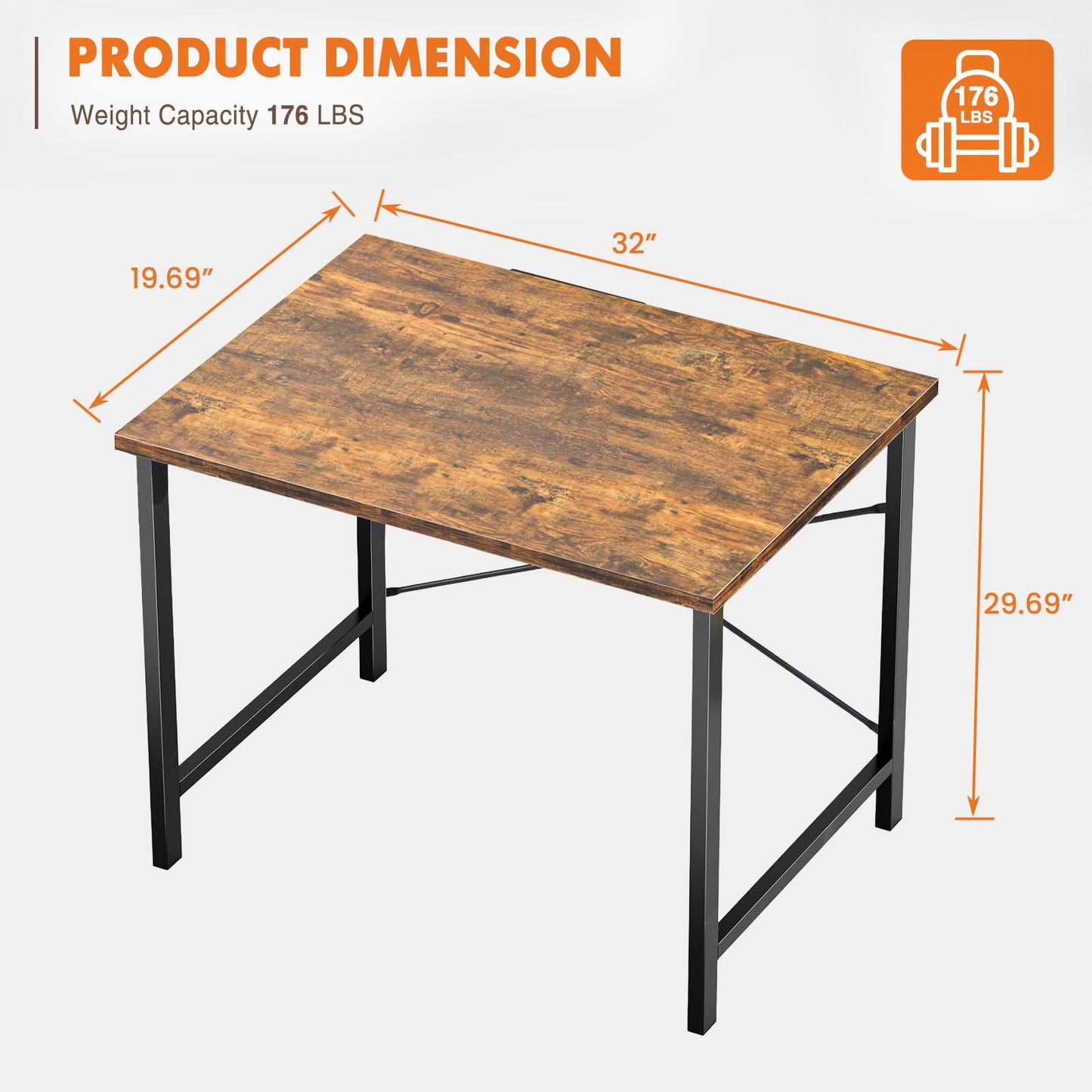 Sweetcrispy Computer Small Office Desk 32 Inch Student Study Writing Work with Metal Frame Wood Tabletop Modern Simple PC Home Bedroom Table, Rustic Brown