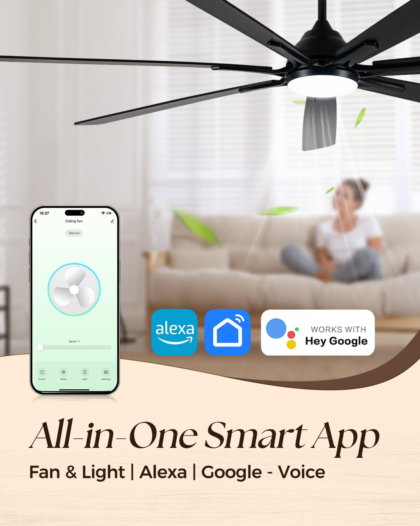 ECOiTEL 84 Inch Smart Ceiling Fan with Alexa APP,Large Black Ceiling Fan with Light,6 Speed,3CCT,Dual Finish 7 Blades,Quiet DC Motor Outdoor Fan for Patio,Big Living Room
