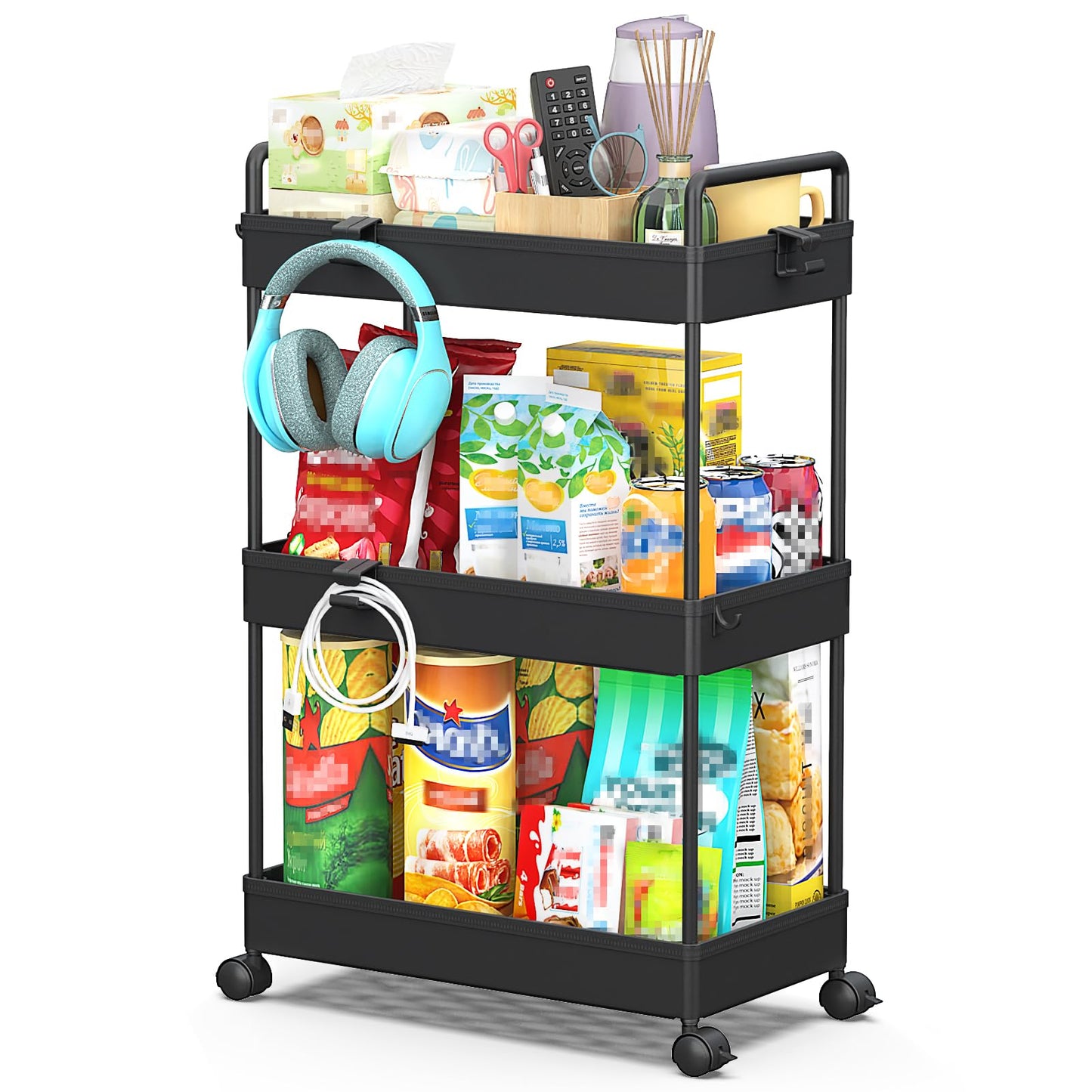 SOLEJAZZ 3 Tier Rolling Storage Cart with Wheels Slim Craft Nail Makeup Snack Art Baby Utility Cart Organizer on 2 Lockable Wheels for Bathroom Laundry Room Kitchen Bedside Narrow Spaces, Black