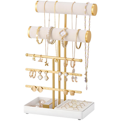 Lolalet Bracelet Display Stand Necklaces Holder, 5 Tiers Jewelry Organizer and Storage Rack with Velvet Slot and Metal Base, for Women Bangles Watches Ring Earrings -White