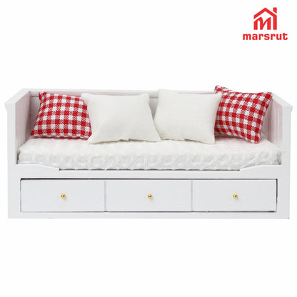 Miniature Dollhouse Daybed, 1/12 Scale Couch, Upholstered Wooden Fabric Sofa with Pillows, Mini Loveseat Sofa Furniture Set for 6 Inch Dolls, Modern Living Room Realistic Model DecorationAccessories