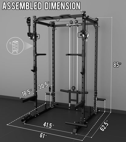 Eonfit E2 Power Cage - Multi-Functional Power Rack for Home Gym. 1500lb Squat Rack for Home Gym. Pulley System for Cable Crossover & LAT Pulldown (Black, PRO)