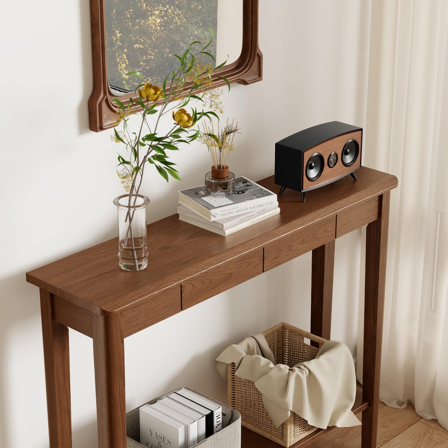AQIMUELE Wood Console Table with Drawers, Mid Century Modern Console Table Walnut for Entryway, Living Room, Hall Way.
