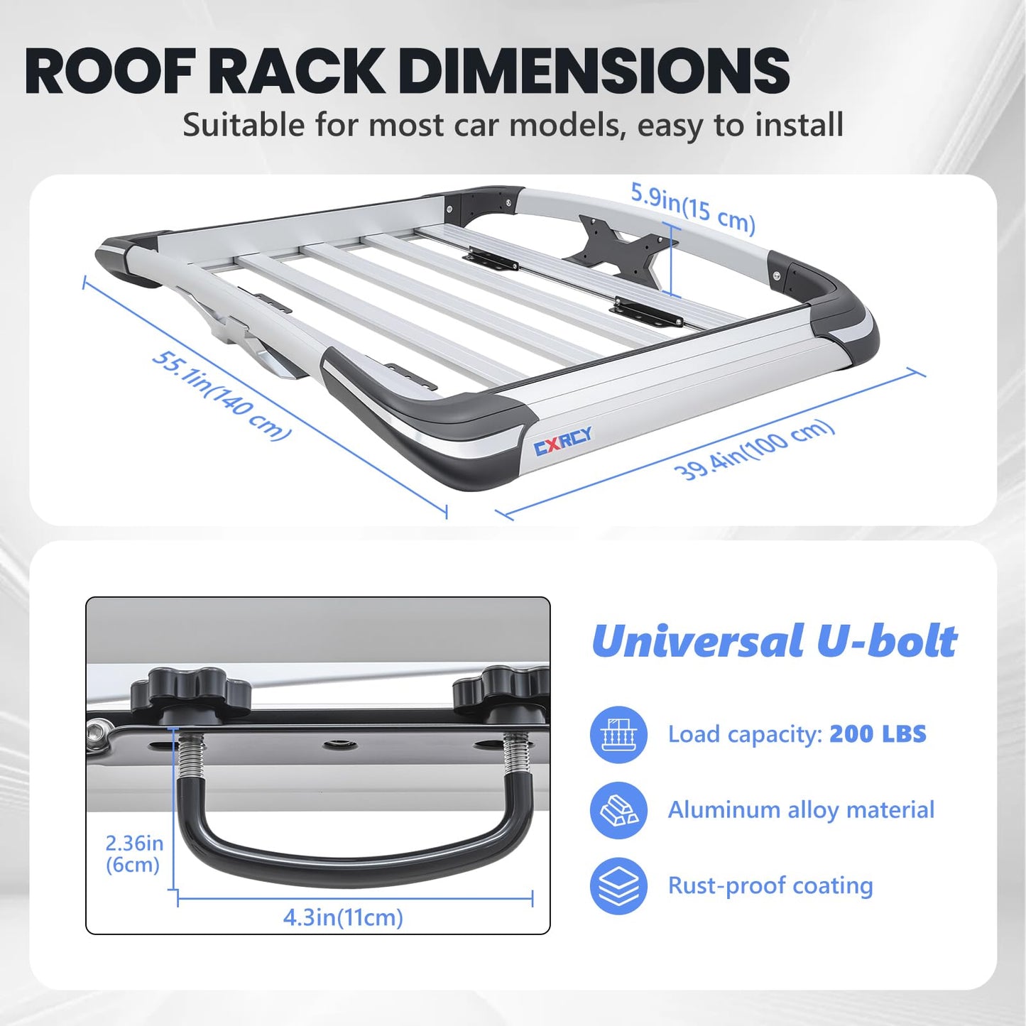 Roof Basket,Anti-Rust Aluminum Roof Basket,Universal Rooftop Cargo Carrier,Suitable for roof Racks, Equipped with crossbars,55“x39”x6“,250lb Supports,Medium Version (Silver)