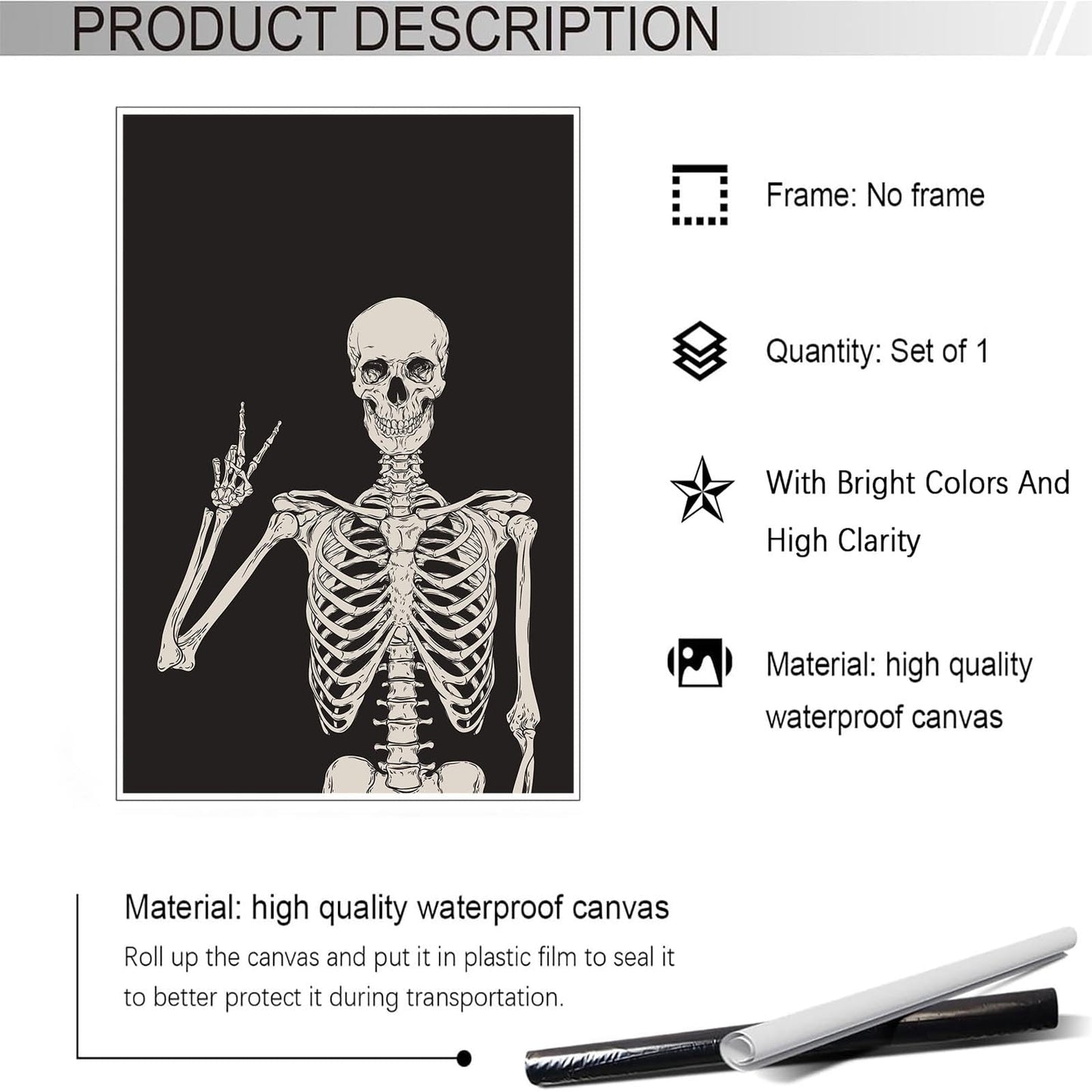 Funny Black Skeleton Canvas Wall Art Spooky Decor Halloween Poster High Hand Peace Print Bones Minimalist Background 12X16in Unframed