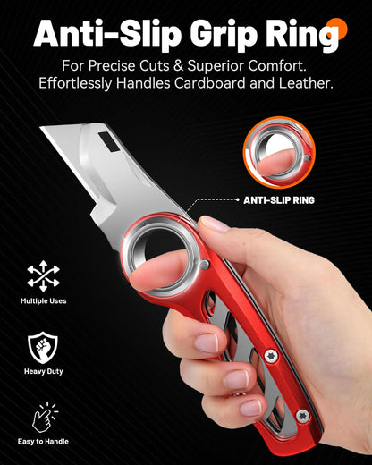 Folding Utility Knife Pocket Knife, Heavy-Duty Box Cutter with Anti Slip Finger Loop, Quick Change Blade Razor Knife, Box Cutters for Home, Office, Warehouse, Durable Razor Knife, Box Knife (Red)