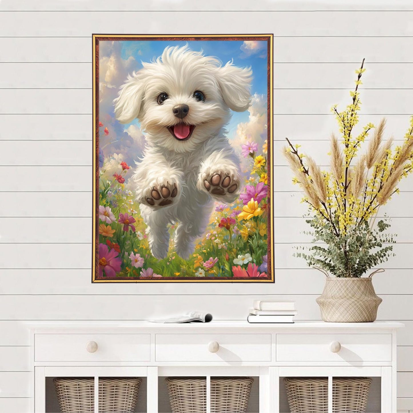MEIYUDA Dog Diamond Art Kits for Adults, 5D Cute White Doggy Diamond Art Kits for Beginners, DIY Round Full Drill Diamond Gem Art with Painting Tools for Home Wall Decor 12x16 Inch
