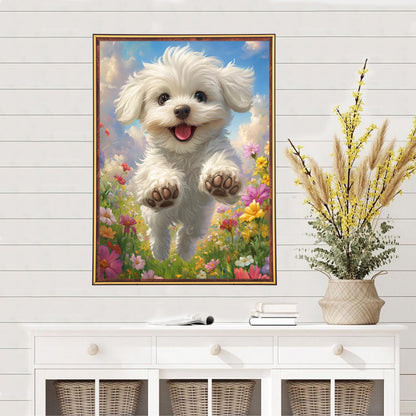 MEIYUDA Dog Diamond Art Kits for Adults, 5D Cute White Doggy Diamond Art Kits for Beginners, DIY Round Full Drill Diamond Gem Art with Painting Tools for Home Wall Decor 12x16 Inch