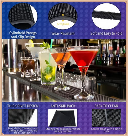 Bar Mat 12" x 6", Rubber Spill Mat for Cocktail Bartender Set of 2, Coffee Bar or Countertop Glass Drying Mat (Black)