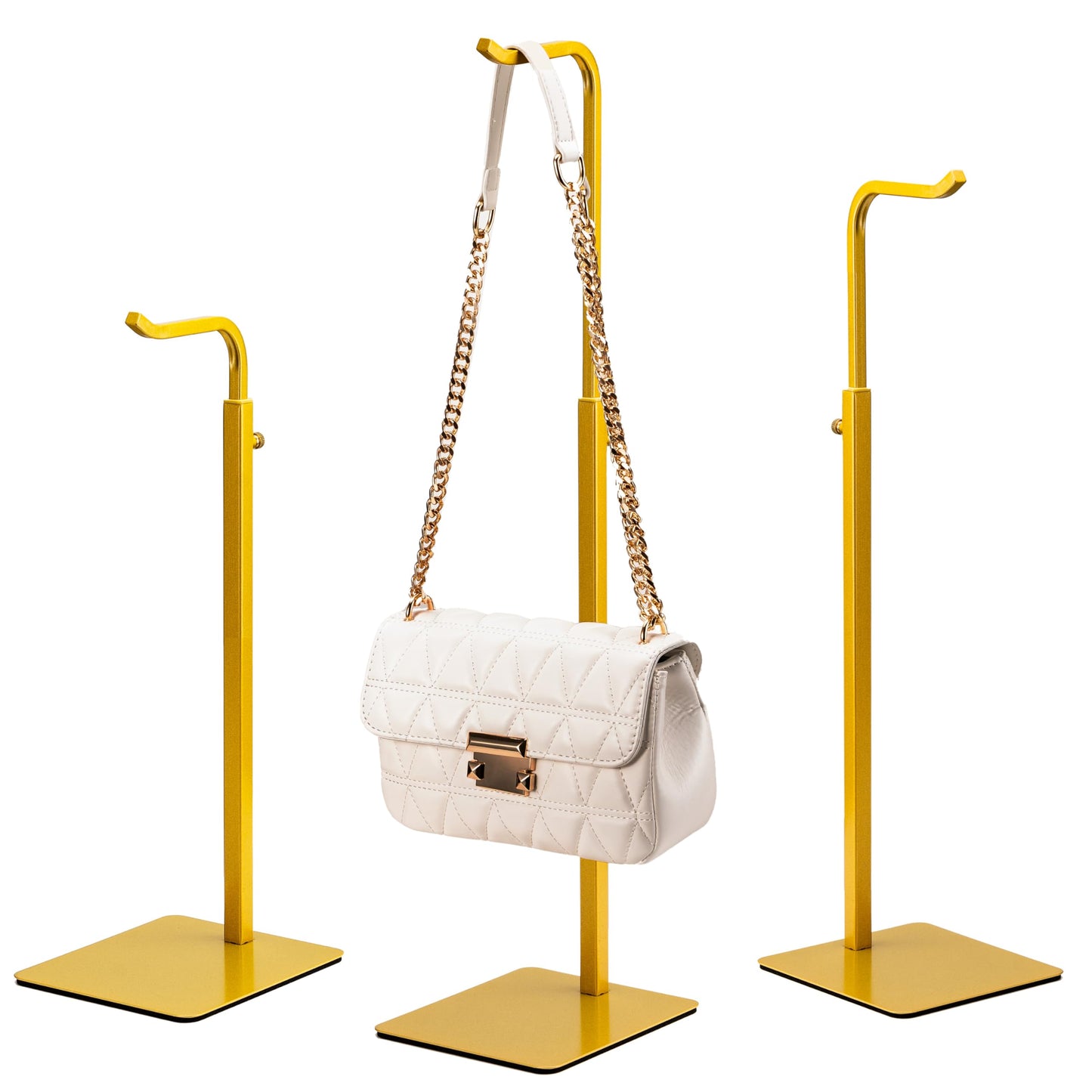 Josmimic 3 Pack Purse Holder Handbag Display Stand: Gold Hanger Rack for Bags, Purses, and Wreath, Adjustable Hook Stand for Tabletop, Closet, and Retail Use for Vendors
