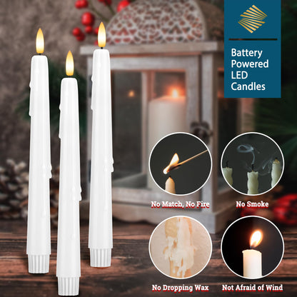 SEHNSY Dripless Flameless Taper Candles with Remote, Real Wax Battery Operated LED Candles Set with 3D Flickering Flame, 3Pcs White 9.6" Realistic Candlesticks as Mothers Day Gifts, Gifts for Mom