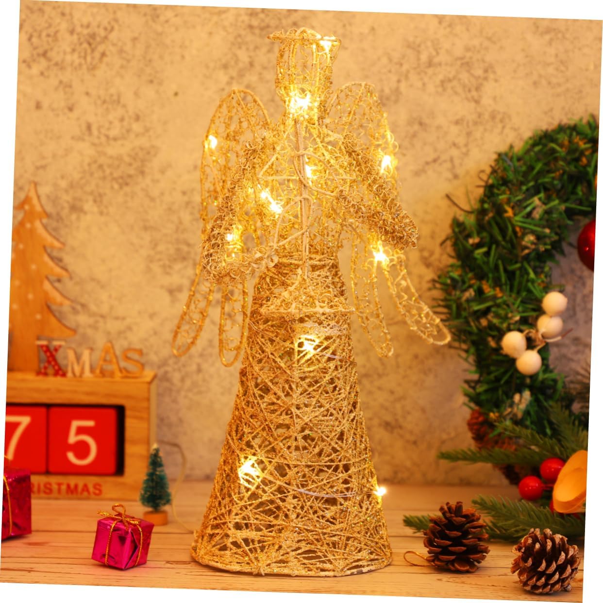 ABOOFAN Gold Glitter Christmas Tree Topper - Coated Metal Angel Xmas Treetop Decoration for Holiday Decor