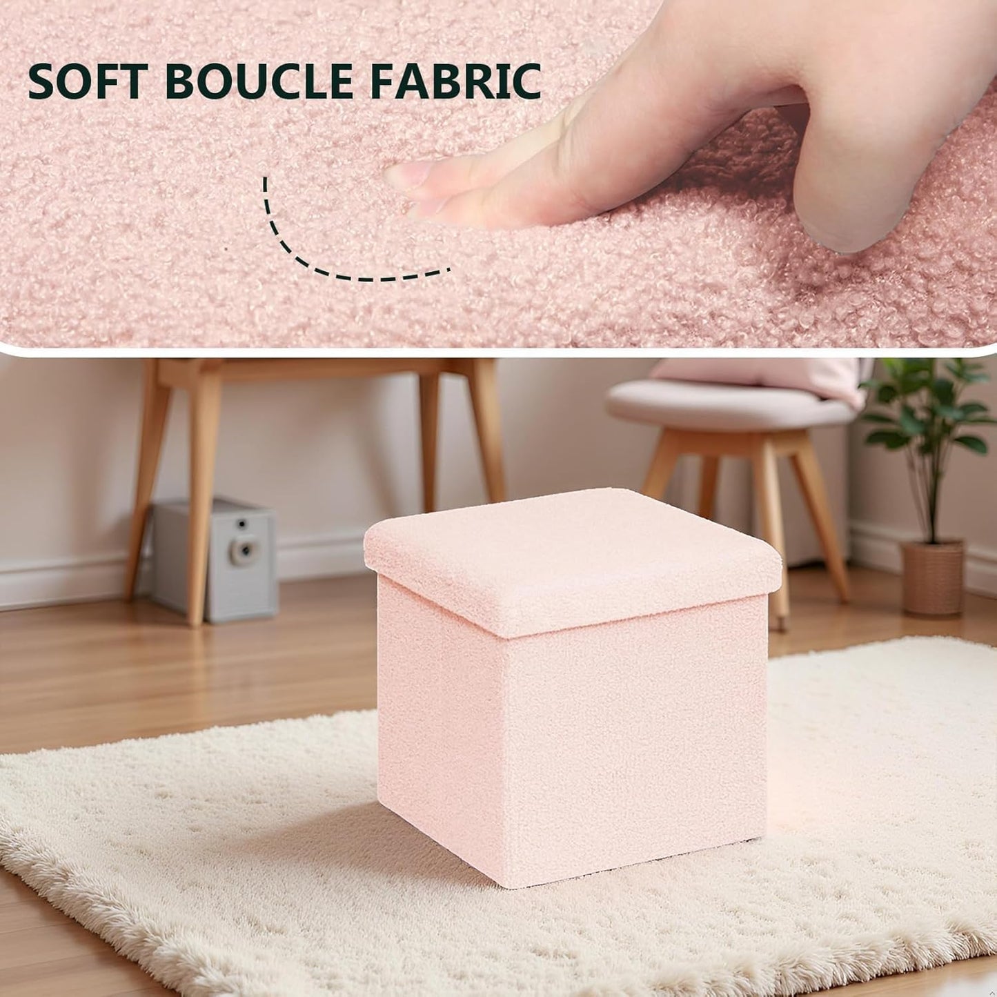 15in Small Storage Ottoman Foldable Sherpa Top Storage Bench,Foot Rest/Step Stool for Bedroom Dorm Entryway, Space