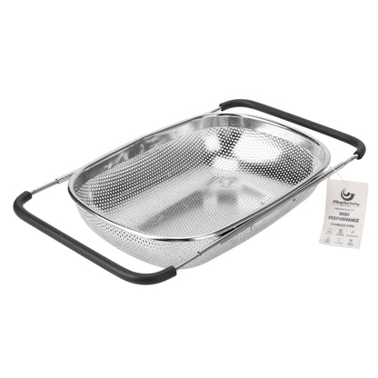 ZDRongZhen Kitchen Accessories Over the Sink Colander Strainer Basket，Stainless Steel Colander with Expandable Rubber Grip Sink Drainer-Rinse Vegetables Fruits &Strain&Drain (Large-Dense round hole)