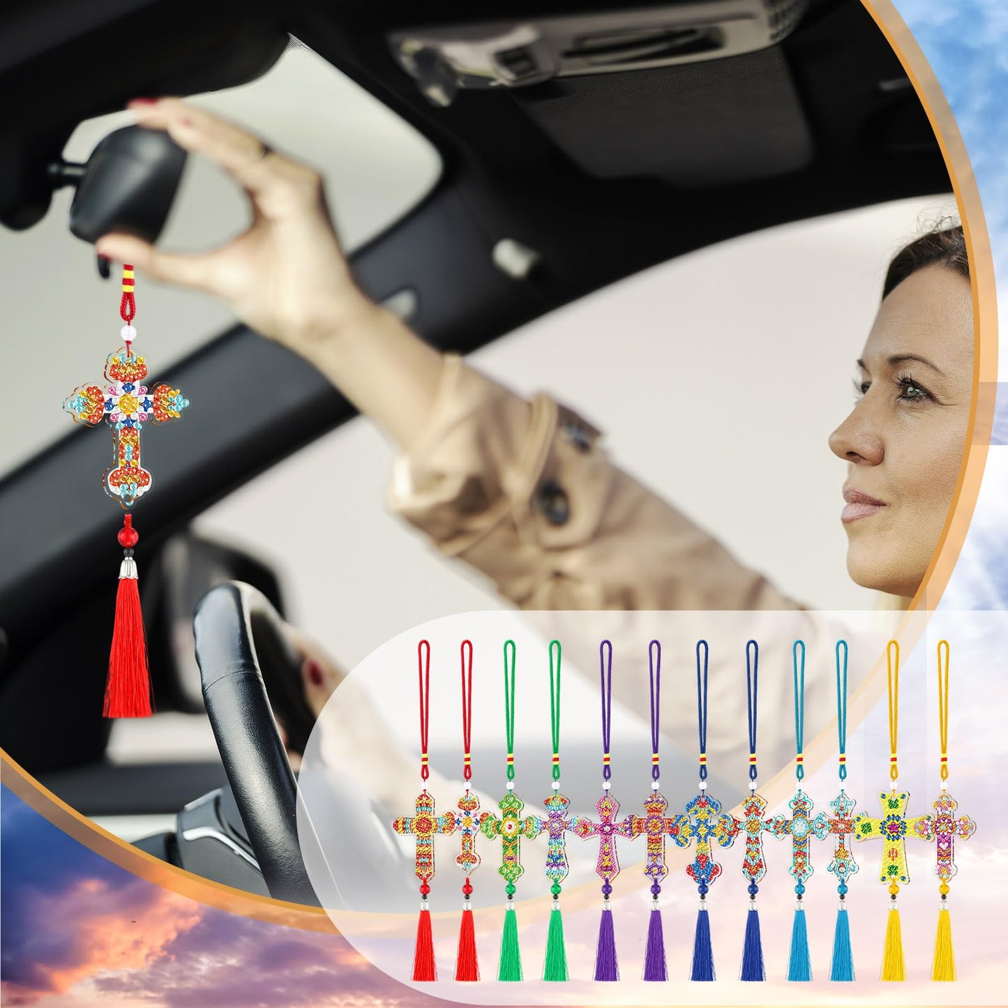 JenPen 12 Pcs Cross Diamond Art Kits Car Ornaments Double Sided Religious Cross Diamond Painting DIY 5d Christmas Painting Keychains Kits for Adults DIY Crafts