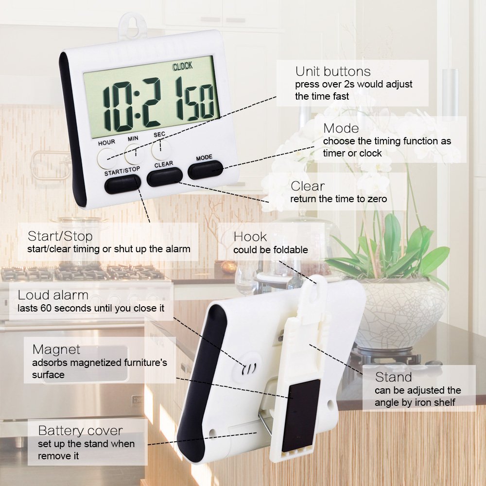 Mudder 3 Pack Digital Kitchen Timer for Cooking, Big Digits, 24 Hour Magnetic Backing Stand Kitchen Timers Clock for Classroom Kids Teachers, Loud Alarm and Big Screen (Black and White)