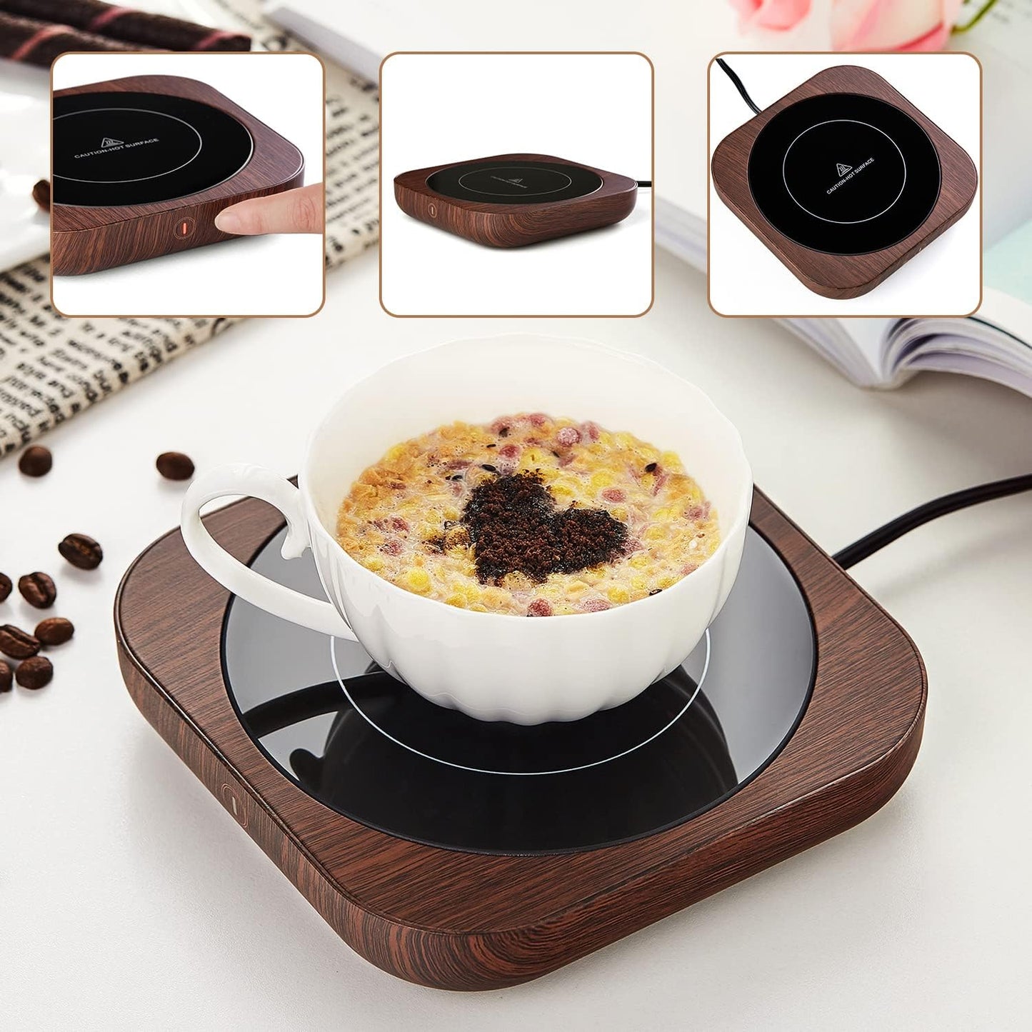 3 Settings, 54-Inch Coffee Mug Warmer with Auto Shut Off, Temperature Brown Wood Grain Design, Electric Beverage Heater