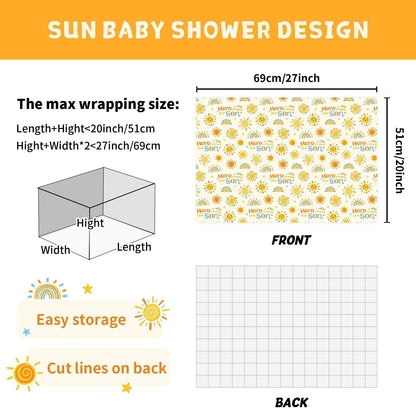 WERNNSAI Baby Sun Wrapping Paper - 6 Sheets 19.7” x 27.5” Baby Shower Wrapping Paper Boy Yellow Sunflower Paper Boho Design for 1st Birthday Gift Wrap Supply