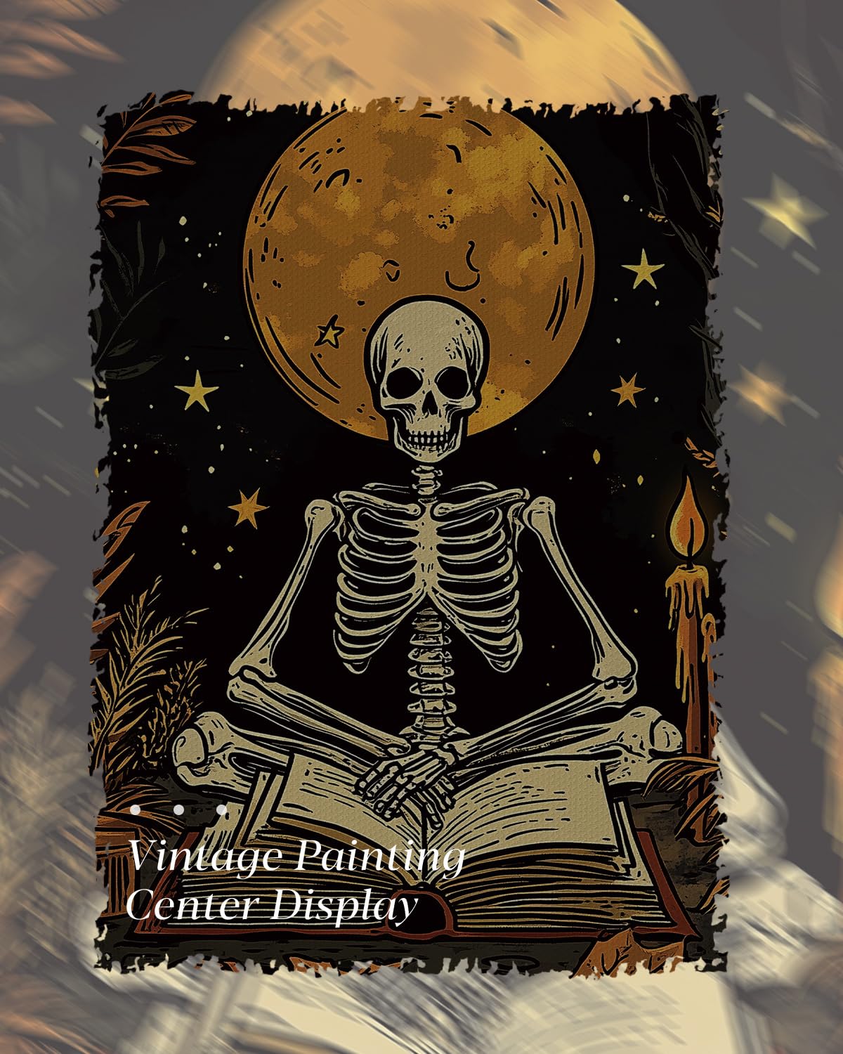 HUARCEY Gold Framed Canvas Wall Art, Skeleton Reader Tarot Picture Decor, Library Reading Room School Decor, Book Lover Witchy Gothic Halloween Canvas Paintings, 12x16inch