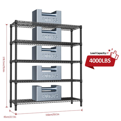 IZEUK 5-Tier Adjustable Heavy Duty Metal Storage Shelving Unit, Wide Utility Rack Organizer for Garage, Basement, Kitchen, Office, Warehouse (Black, 17.7" D x 59.1" W x 70.9" H)
