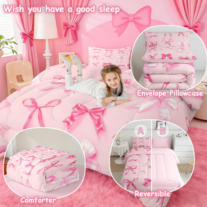 jejeloiu Pink Bow Bedding Set Twin Girls Bow Comforter Set for Kids Teens Girls Cute Bowknot Comforter Breathable Soft Lightweight Microfiber Kawaii Cute Pink Room Decor