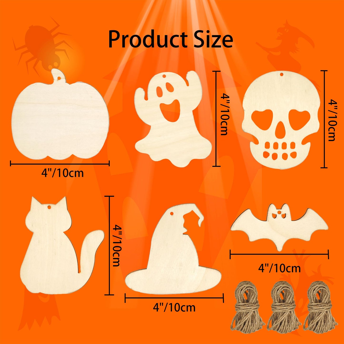 CANDEOLA 60-Pcs 4" Unfinished Halloween Wooden Cutouts Ornaments for Halloween Party Haunted House DIY Hanging Crafts Decorations (10cm, 6 Shapes, 10 Pcs/Shape)