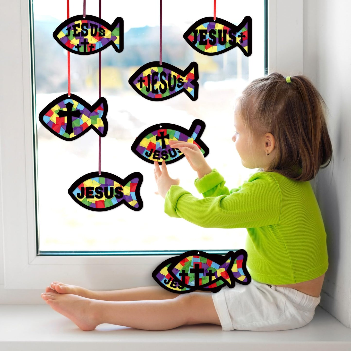 Funrous 32 Set Faith Fish Suncatcher Crafts Kit DIY Easter Christain Cross Crafts with Tissue Paper Religious Sun Catcher Ornaments Church Sunday School VBS Classroom Activities Window Decor Supplies