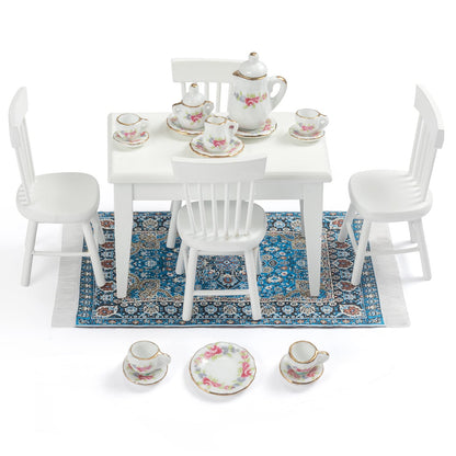 SAMCAMI Miniature Dollhouse Furniture 1 12 Scale - Doll House Furniture Toys for Dollhouse Kitchen - Wooden Dollhouse Furniture Set Incl Dining Table with Chairs, Tea Set, Carpet (White)