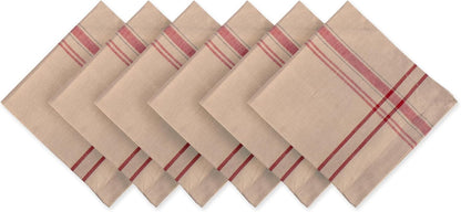 DII French Stripe Tabletop Collection 6 Piece Dining Table Linen Napkin Set, 20x20, Taupe/Red Farmhouse Style