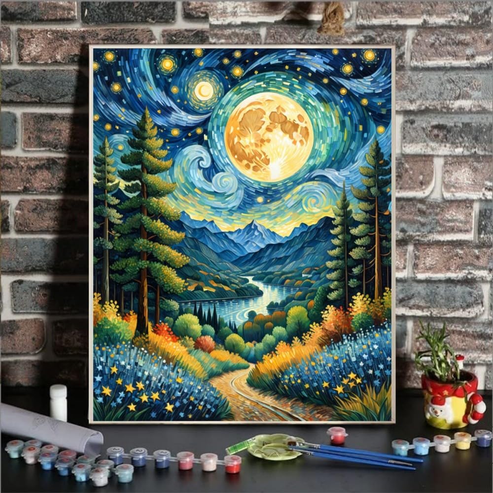 ldazao Moon Paint by Numbers Kit for Adults Beginner Forest Adult Paint by Number Kits On Canvas Adults' Paint-by-Number Kits DIY Oil Painting for Gift Home Wall Decor 16x20 Inch