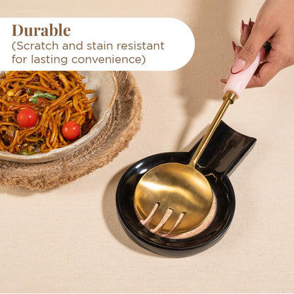 Folkulture Spoon Rest or Holder, 7 x 5" Resin Spoon Rest for Kitchen Utensils, Rustic Kitchen Decor (Black)