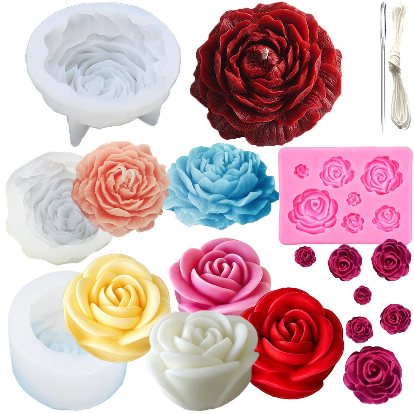 2 Rose Flowers Silicone molds(2 Styles) 2 Peony Mold (3.54 inch + 2.55 inch) Flower Silicone Candle Molds with Large-Eye Wicking Needle Candlewick for Candle Home Décor Handmade Gift Epoxy Resin Soap