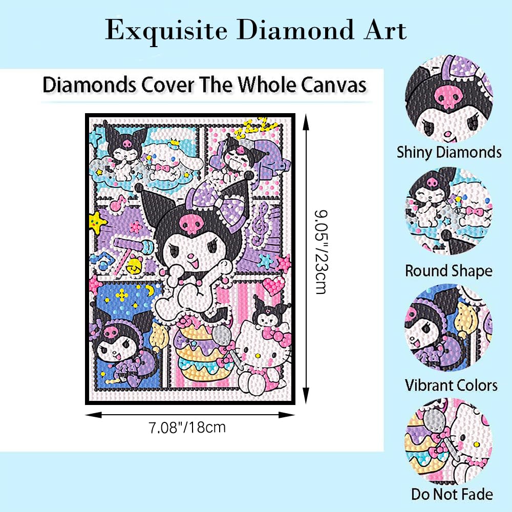 PERFECTSIGHT Cute 5D Diamond Art Kits with Wooden Frame, Kawaii DIY Painting Art for Adults Teen, Diamond Arts and Crafts Sets, Big Gem Full Drill Diamond Dots for Home Wall Decor (Comic Kuro)
