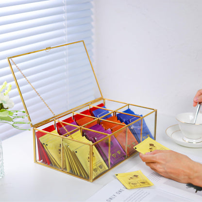 REDHUGO Glass Tea Bag Organizer with 8 Compartments, Handmade Large Tea Bag Storage Box for Counter Kitchen, Tea Bag Holder,Tea Storage Containers with Lid,Tea Accessories Gifts for Tea Drinkers,Gold