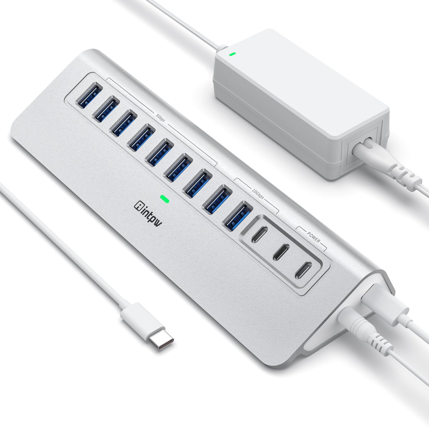 Powered USB Hub 10Gbps, intpw 9-Port USB 3.2 Hub, USB C Hub with USB A/USB C 3.2, 4 USB 3.0, 2 PD 45W Charging Ports, 65W Power Adapter and 3.3FT Cable, Aluminum USB Hub for Laptop, iPhone 16/15, PC