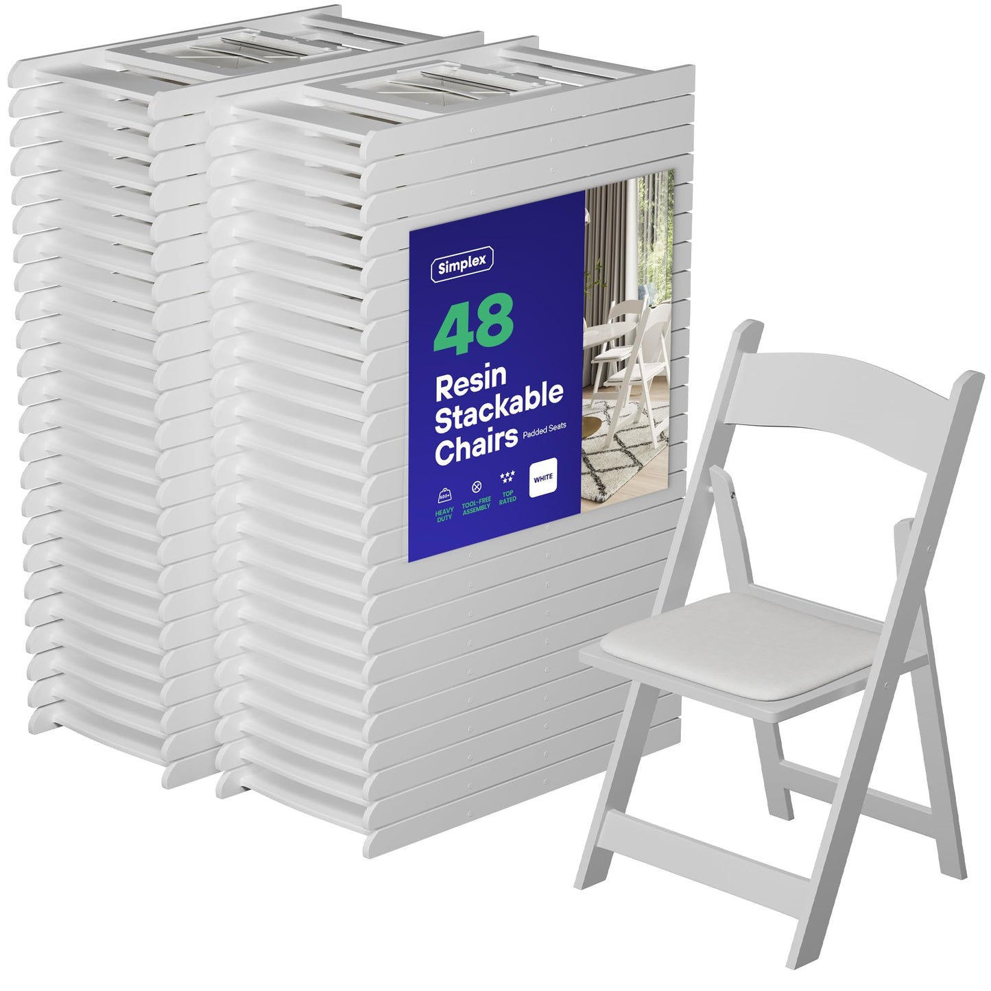 48 White Resin Folding Chairs, Stackable Event & Party Chairs, 800 LB Weight Capacity, Indoor Outdoor