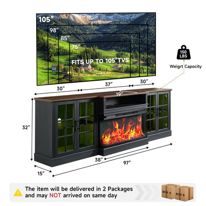 ROCKPOINT 97" Farmhouse Fireplace TV Stand with 3 Sided Glass 36" Electric Fireplace Heater for TVs up to 100", Media Entertainment Center with Adjustable Shelves and Large Storage Cabinets, Black
