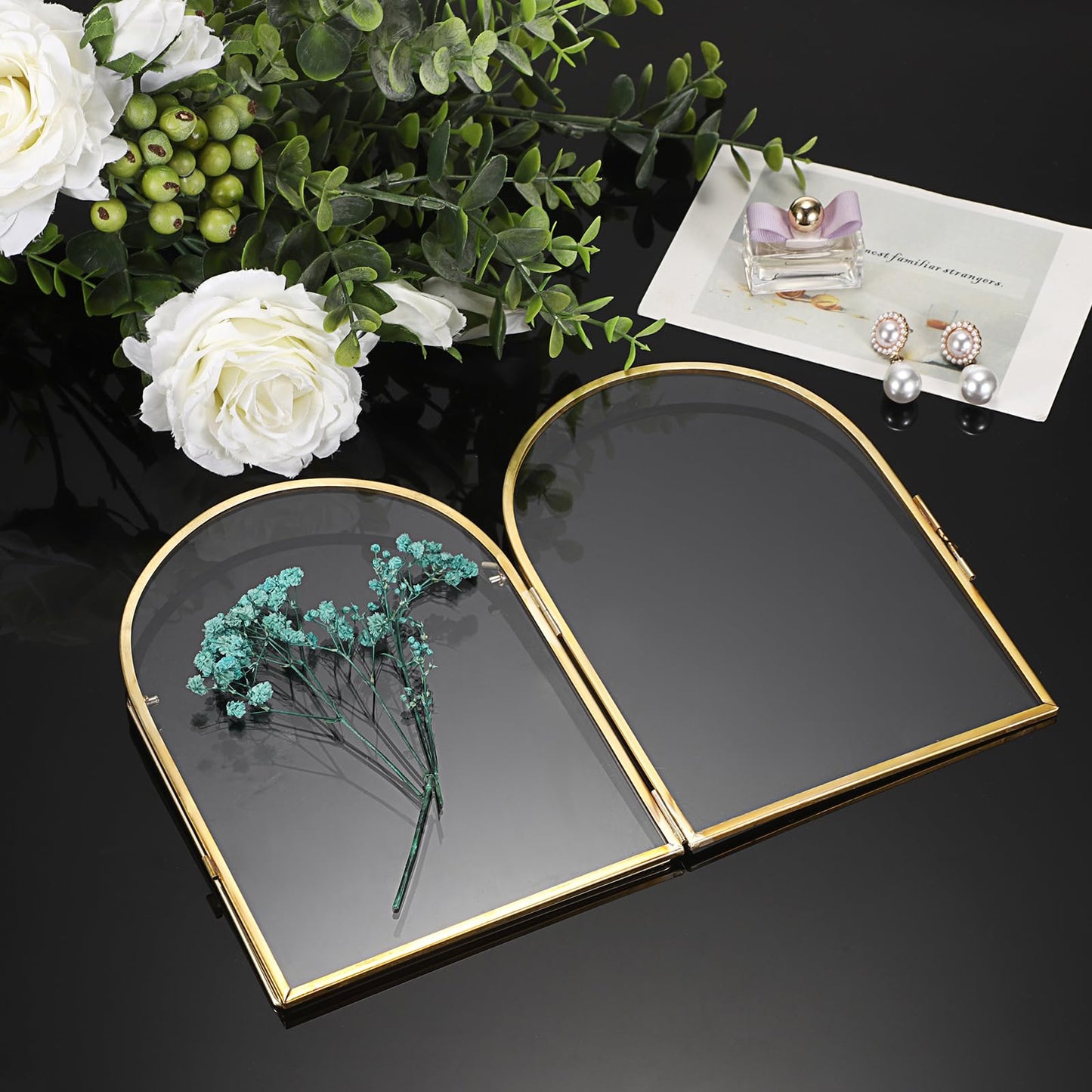 JUXYES 3 Pack Tabletop Double Glass Brass Frame for Pressed Flowers, Arch Double Sided Glass Frame Gold Floating Artwork Display Frames for Photo, Picture, Dried Pressed Flower, etc, 5x7 Inches