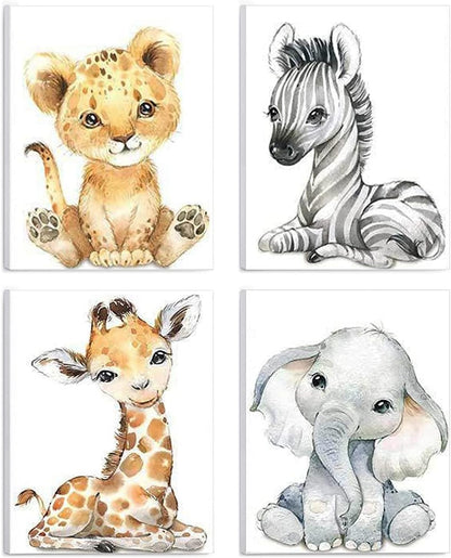 ANIUHL Nursery(Set 4, 8 10 inch) Woodland Animals Wall Art Framed Canvas Prints Watercolor Zebra Fawn Tiger Elephant