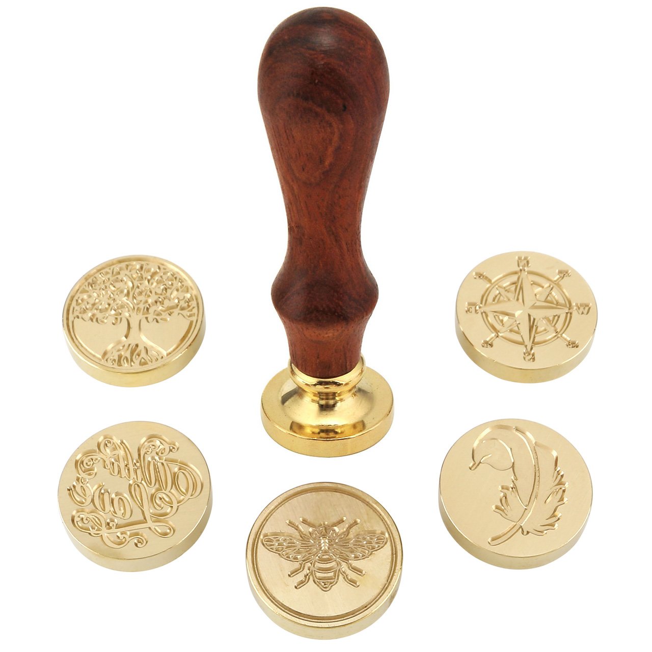 Yoption 6 Pcs Wax Seal Stamp Set, Vintage Tree of Life Bee Heart Compass Feather with Love Sealing Wax Stamps Kit, Wooden Handle with Brass Head for Wedding Invitation Cards Christmas Gift
