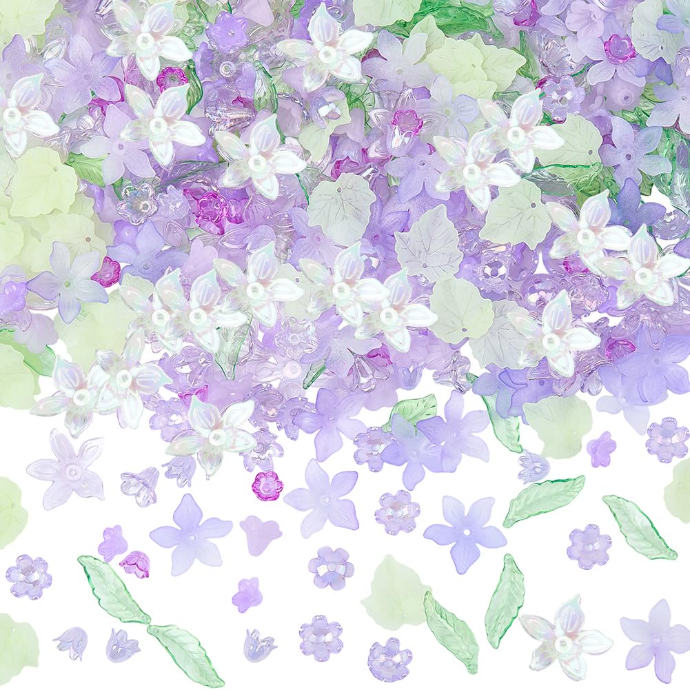 BEAMARKER 500Pcs Acrylic DIY Flower Leaf Beads Kits Including Assorted Purple Flower Loose Beads Maple Leaf Pendants Charms Acrylic Floral Caps for Earring Bracelet Necklace Craft Jewelry Making